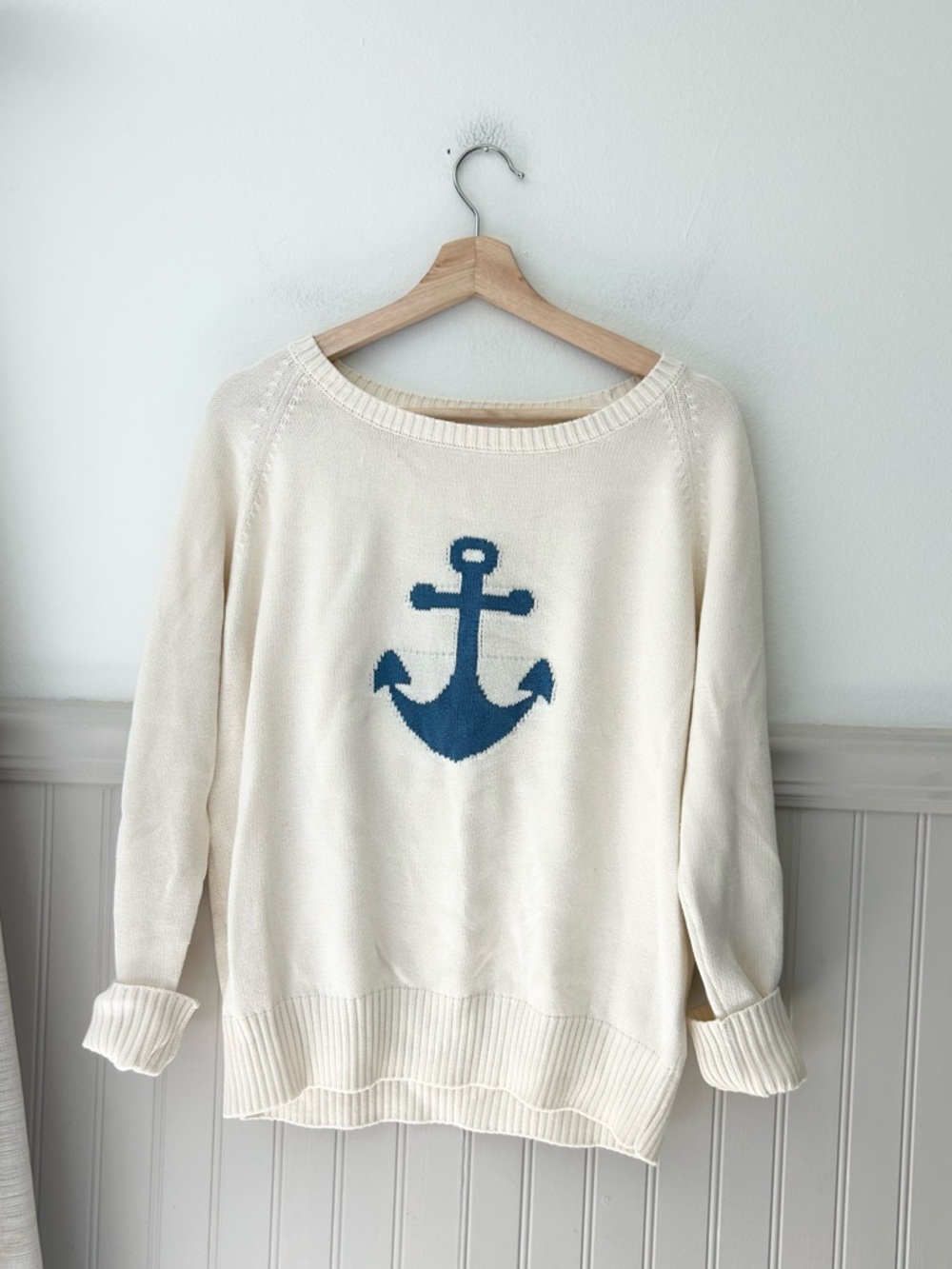 Pink Pineapple XS Cream Knit Crewneck Sweater with Blue Anchor Motif
